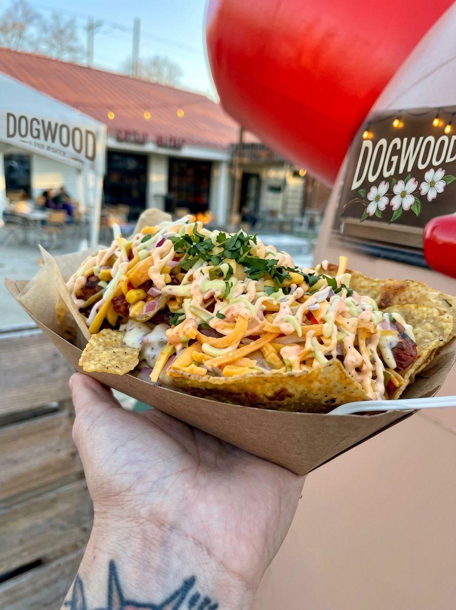 A hand holding loaded Dogwood nachos in front of the trailer
