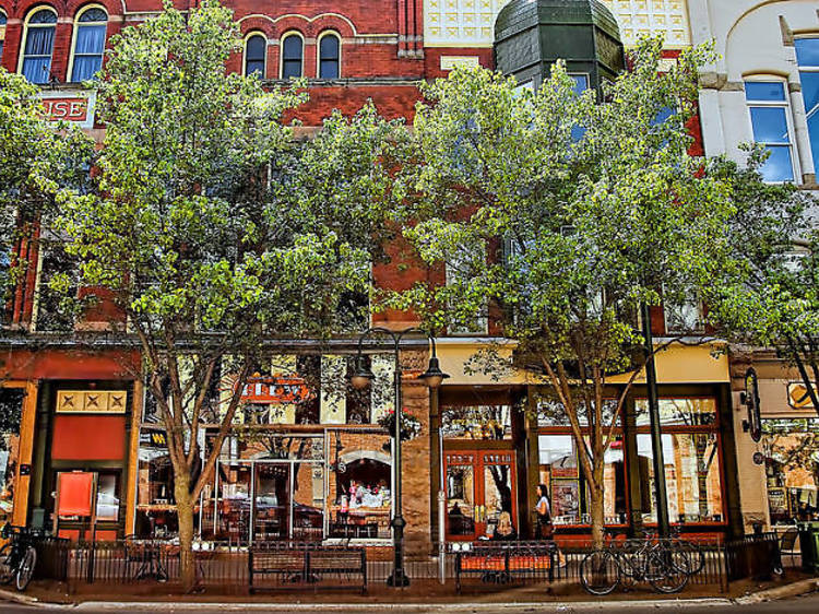 Historic red-brick storefronts on Front Street in downtown Traverse City
